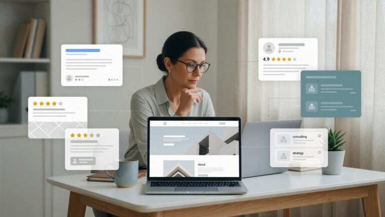 Professional woman reviewing a business website, online listings, and review profiles that appear disconnected across the web