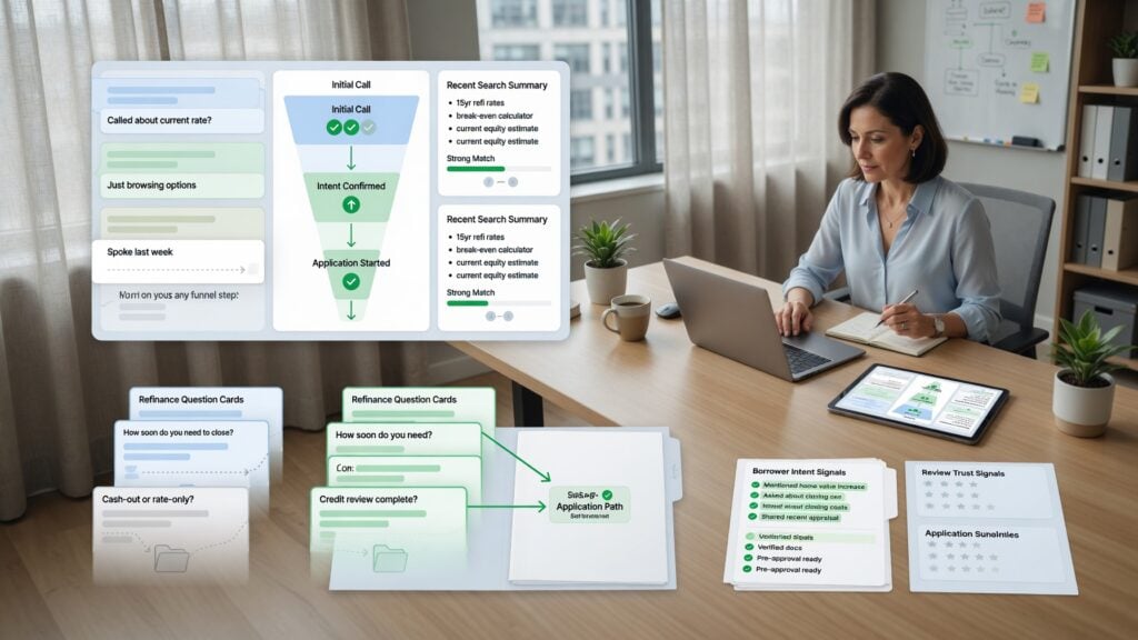 Mortgage professional reviewing refinance conversation cards, borrower intent signals, AI search summaries, review trust signals, and application path indicators to understand why refinance conversations do not convert like they used to.