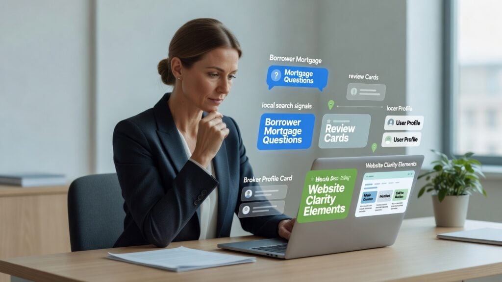 Mortgage broker reviewing AI search answer panels, borrower mortgage questions, review cards, local search signals, broker profile cards, and website clarity elements on a laptop.