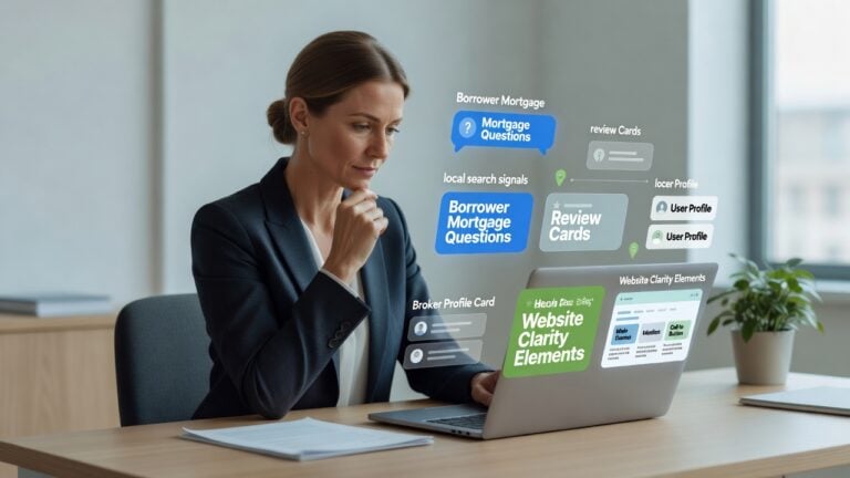 Mortgage broker reviewing AI search answer panels, borrower mortgage questions, review cards, local search signals, broker profile cards, and website clarity elements on a laptop.