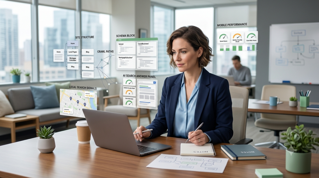 Mortgage broker reviewing technical SEO priorities for crawlability, indexability, mobile usability, service pages, internal links, structured data, and AI discoverability.