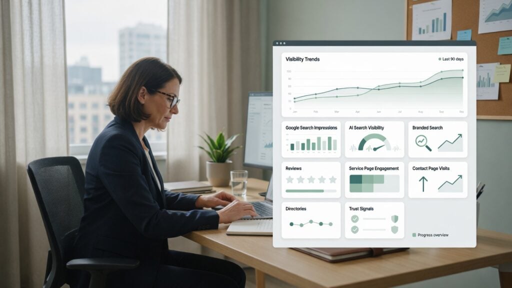 Professional reviewing an AI visibility tracking dashboard with Google Search impressions, branded search, reviews, service page engagement, contact page visits, directories, and trust signals.