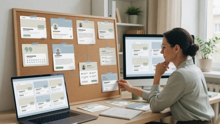 Professional firm reviewing inconsistent online profiles, website pages, reviews, directories, and AI search visibility signals