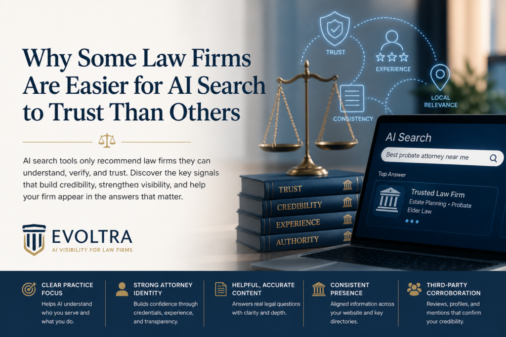 AI search trust for law firms visual showing legal credibility, visibility, and trust signals