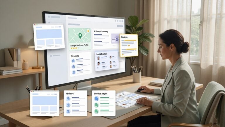 Professional advisor reviewing online visibility signals across a website, Google Business Profile, AI search summary, reviews, directory listings, social profiles, and service pages