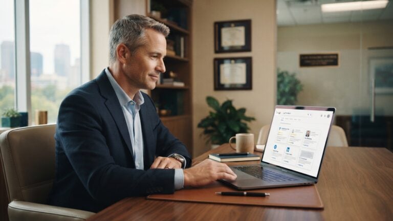 Professional firm owner reviewing branded search results, reviews, service pages, directory listings, bios, and AI search summaries on a laptop.