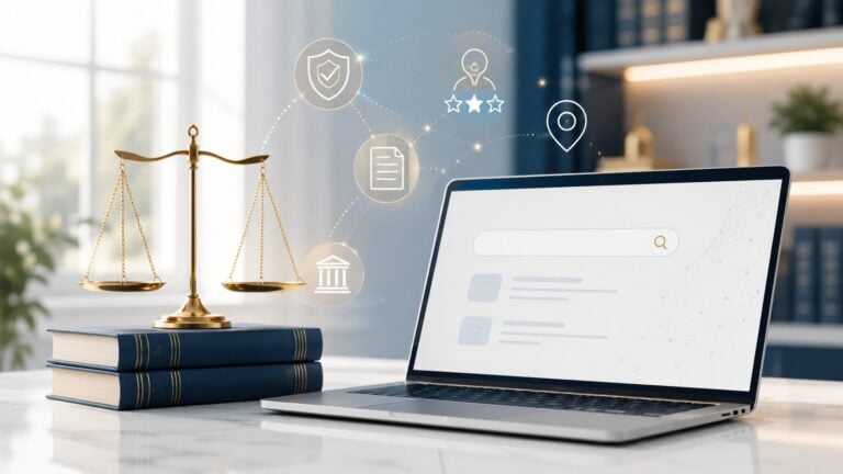 Ilustración de la confianza de la búsqueda con IA en bufetes de abogados, con señales de credibilidad legal, visibilidad y confianza