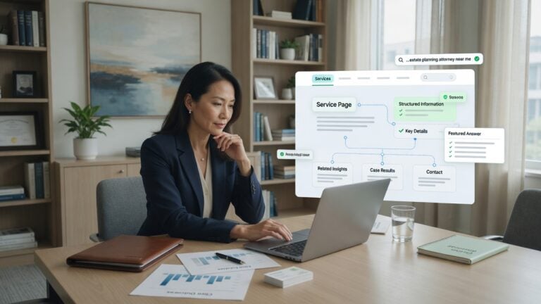 Professional advisor reviewing website service pages, search visibility signals, and client trust indicators on a laptop in a modern office.