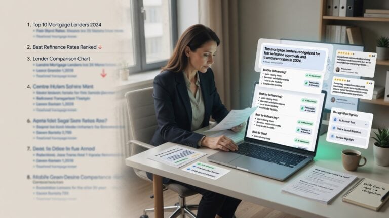 Estratega hipotecario revisando posiciones de búsqueda tradicionales junto a paneles de reconocimiento en la búsqueda con IA, señales de menciones de prestamistas, tarjetas de reseñas e indicadores de visibilidad hipotecaria.