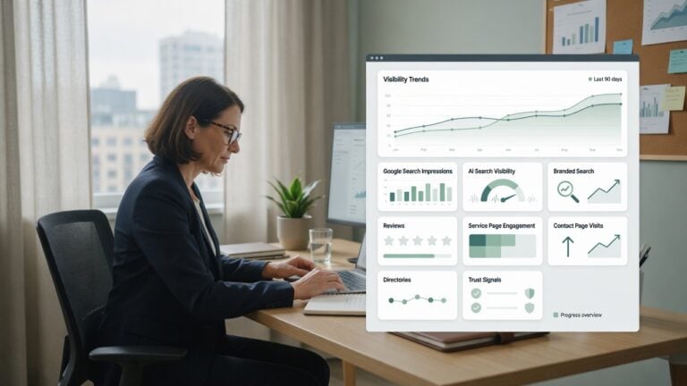 Profesional revisando un panel de seguimiento de visibilidad en IA con impresiones de la Búsqueda de Google, búsqueda de marca, reseñas, interacción con páginas de servicios, visitas a la página de contacto, directorios y señales de confianza.