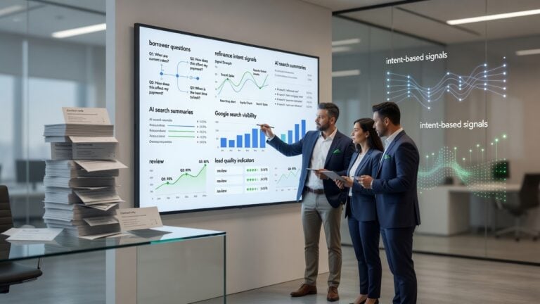 Equipo hipotecario evaluando señales de demanda de refinanciamiento, visibilidad en la búsqueda con IA e intención del prestatario en lugar de depender solo de prospectos comprados.