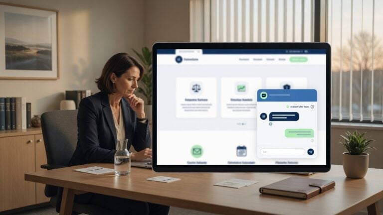 Sitio web de una firma profesional con un chatbot conversacional ayudando a un visitante a encontrar respuestas, solicitar contacto y conectar con el servicio correcto.