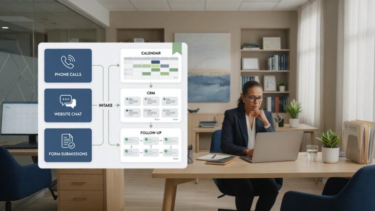 Sistema de recepción de consultas con IA que conecta llamadas telefónicas, chat del sitio web y formularios con el calendario, el CRM y el proceso de seguimiento de una firma profesional.