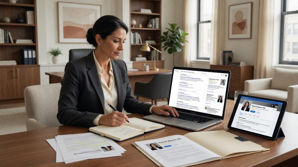 Prospecto referido revisando en Google los resultados de búsqueda, las reseñas, el Perfil de Negocio y las páginas de servicios de una firma profesional antes de llamar.