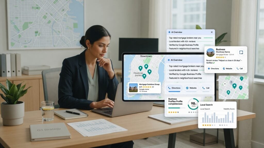 Corredor hipotecario revisando la visibilidad local en mapas, paneles de respuesta de búsquedas con IA, tarjetas de perfil de negocio, señales de reseñas e indicadores de confianza local.