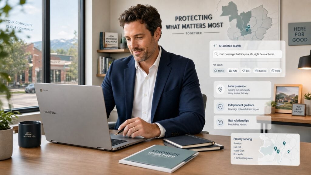 Agencia de seguros independiente revisando su Perfil de Negocio de Google, reseñas, páginas de servicios y visibilidad en búsquedas con IA para competir localmente.